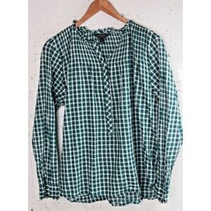J.Crew Top Blouse Womens Size 10 Green & White Gingham Ruffle Long Sleeve